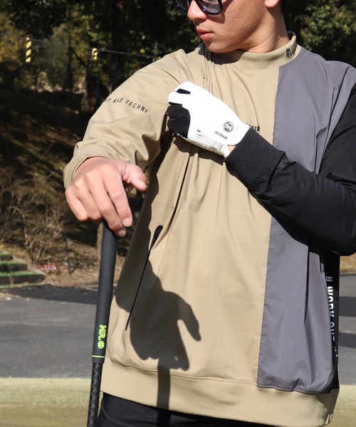 LUXE/R GOLF(ラグジュ ゴルフ)の「(RM)【LUXE/R GOLF】ストレッチ クロス 切り替え 配色 モックネック プルオーバー シャツ(スウェット・メンズ・ベージュ系/ブラック系/ホワイト系・L/XL/M)」の6枚目の写真