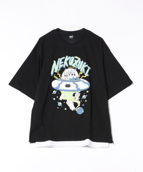 ネコ 5/22 Sサイズ 1JINN Tシャツ 352120：ネコ好きおばけうさぎUFO柄Tシャツ（Tシャツ/カットソー