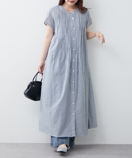 NAO（ナオ）の「【コットン100%】フレンチスリーブタックワンピース（ワンピース・レディース・ブラック/ストライプ/チェック・FREE）」の2枚目の写真