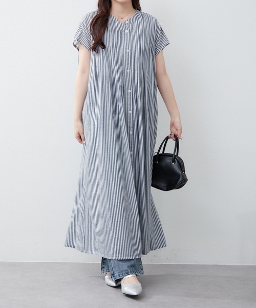 NAO（ナオ）の「【コットン100%】フレンチスリーブタックワンピース（ワンピース・レディース・ブラック/ストライプ/チェック・FREE）」の6枚目の写真