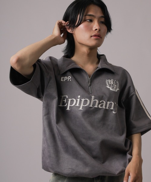 SlashDate（スラッシュデイト）の「【85】カットスウェード サイドライン 刺繍ロゴ ハーフジップ ゲームシャツ オーバーサイズ（Tシャツ/カットソー・メンズ・チャコールグレー/アイボリー/ネイビー・M/L）」の16枚目の写真