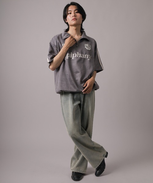 シャリーフ　バーコード　刺繍ロゴ　スウェード　オーバーサイズ　トレーナー　春服 セール】【85】カットスウェード サイドライン 刺繍ロゴ ハーフ