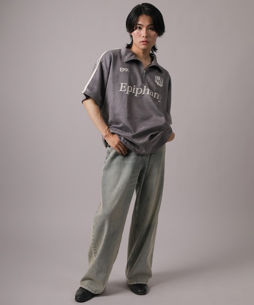 SlashDate（スラッシュデイト）の「【85】カットスウェード サイドライン 刺繍ロゴ ハーフジップ ゲームシャツ オーバーサイズ（Tシャツ/カットソー・メンズ・チャコールグレー/アイボリー/ネイビー・M/L）」の22枚目の写真