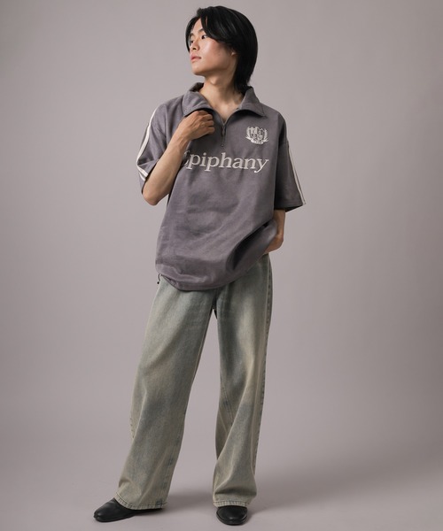 SlashDate（スラッシュデイト）の「【85】カットスウェード サイドライン 刺繍ロゴ ハーフジップ ゲームシャツ オーバーサイズ（Tシャツ/カットソー・メンズ・チャコールグレー/アイボリー/ネイビー・M/L）」の13枚目の写真