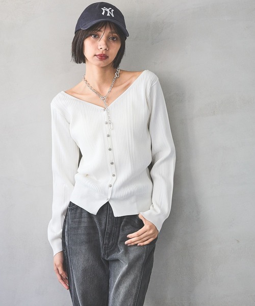 PAGEBOY(ページボーイ)の「ランダムリブ2WAYカーディガン(Tシャツ/カットソー・レディース・オフホワイト/ブラック/ダークブラウン・FREE)」の7枚目の写真
