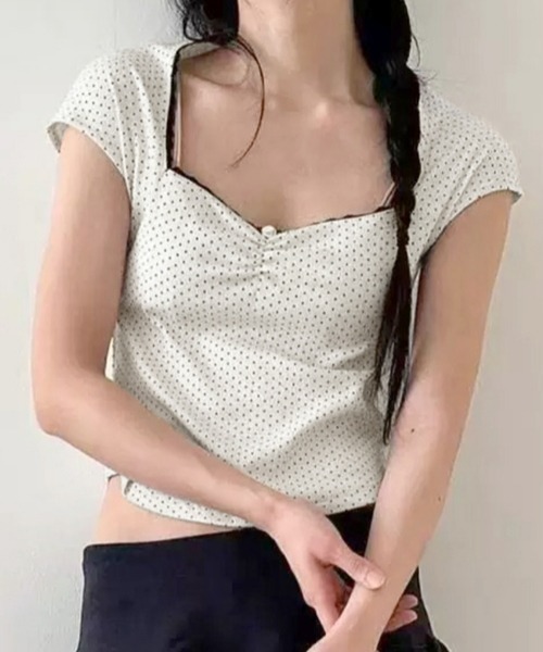 gossip！ロサンゼルス（ゴシップロサンゼルス）の「【Y2Kガーリー】ヴィンテージ風ドット柄スクエアネックTシャツ（Tシャツ/カットソー・レディース・ホワイト・M）」の3枚目の写真