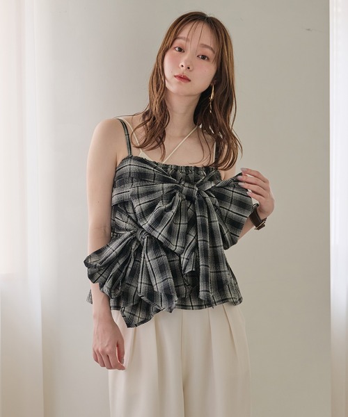 キャミソール ombre check double ribbon  bustier / オンブレチェックダブルリボンビスチェ mideal キャミソール ombre check double ribbon bustier