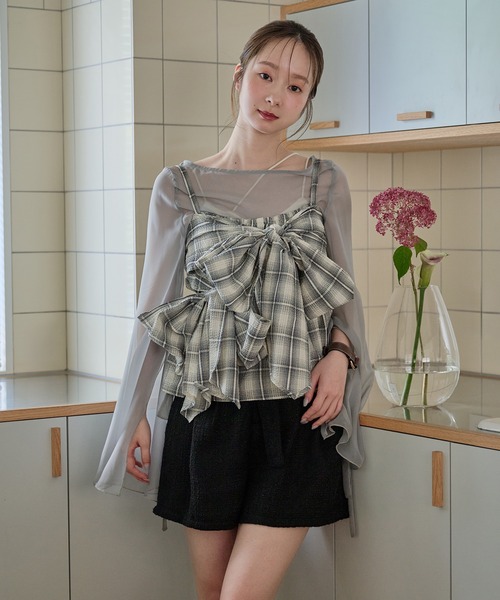 ombre check double ribbon bustier / オンブレチェックダブル