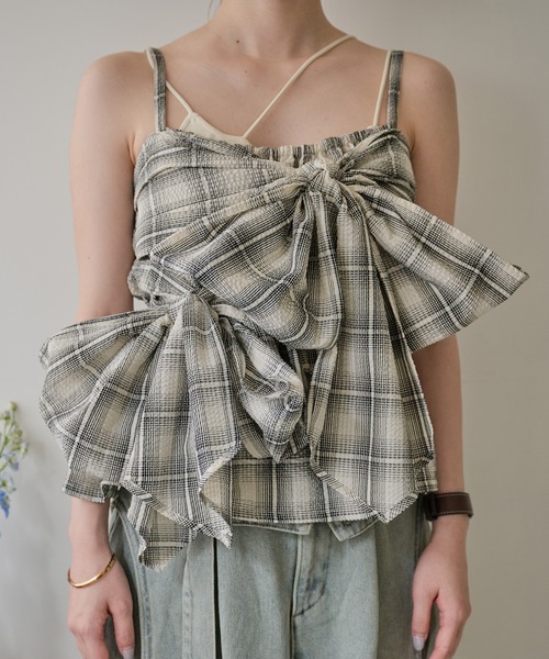 mideal オンブレチェックダブルリボンビスチェ ombre check double ribbon bustier / オンブレチェックダブル