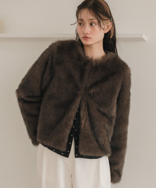 ノーカラーフェイクファージャケット/ブラウン ベージュ ショート