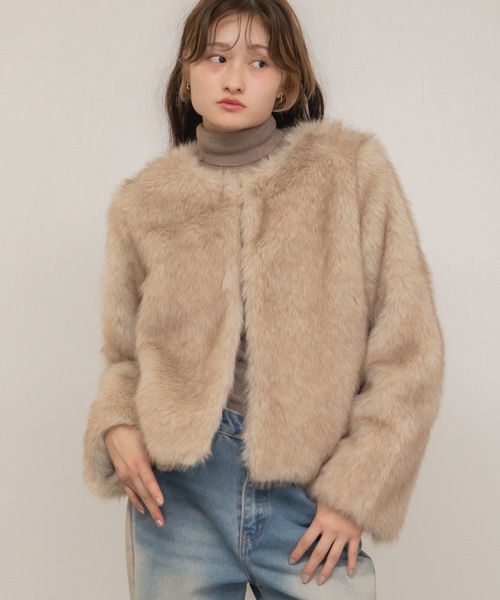 ノーカラーフェイクファージャケット/ブラウン ベージュ ショート