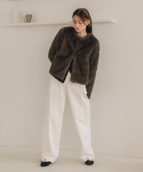 ファー付きクロップドジャケット 短丈 クロップド フェイクファージャケット