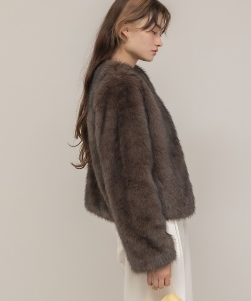 ノーカラーフェイクファージャケット/ブラウン ベージュ ショート
