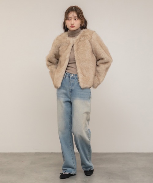 ノーカラーフェイクファージャケット/ブラウン ベージュ ショート