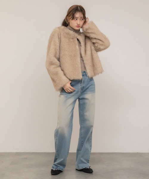 HEILIS（ヘイリス）の「ノーカラーフェイクファージャケット/ブラウン ベージュ ショートファー ボリューム ショートコート ショート丈 クロップド アウター ブルゾン 韓国 ガーリー カジュアル シンプル 秋服 秋コーデ 秋冬 冬服 冬アウター（ノーカラージャケット・レディース・ブラウン/アイボリー・FREE）」の22枚目の写真