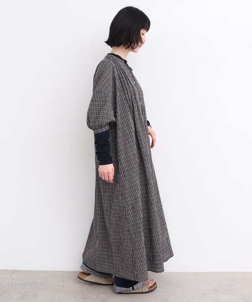 l'atelier du savon（アトリエドサボン）の「やさしいチェック　七分袖のリボンワンピース（ワンピース・レディース・ブラック/ベージュ・FREE）」の5枚目の写真