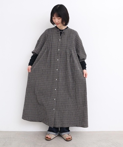 l'atelier du savon（アトリエドサボン）の「やさしいチェック　七分袖のリボンワンピース（ワンピース・レディース・ブラック/ベージュ・FREE）」の7枚目の写真