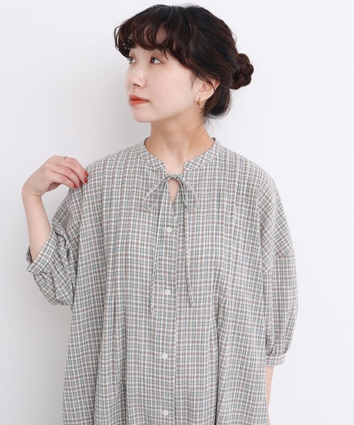 l'atelier du savon（アトリエドサボン）の「やさしいチェック　七分袖のリボンワンピース（ワンピース・レディース・ブラック/ベージュ・FREE）」の18枚目の写真