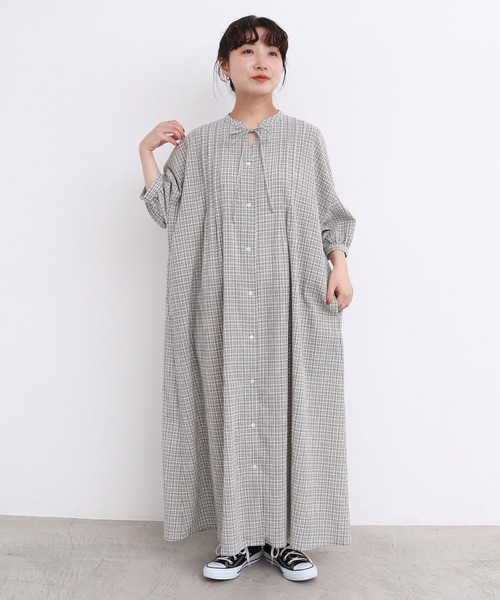 l'atelier du savon（アトリエドサボン）の「やさしいチェック　七分袖のリボンワンピース（ワンピース・レディース・ブラック/ベージュ・FREE）」の15枚目の写真