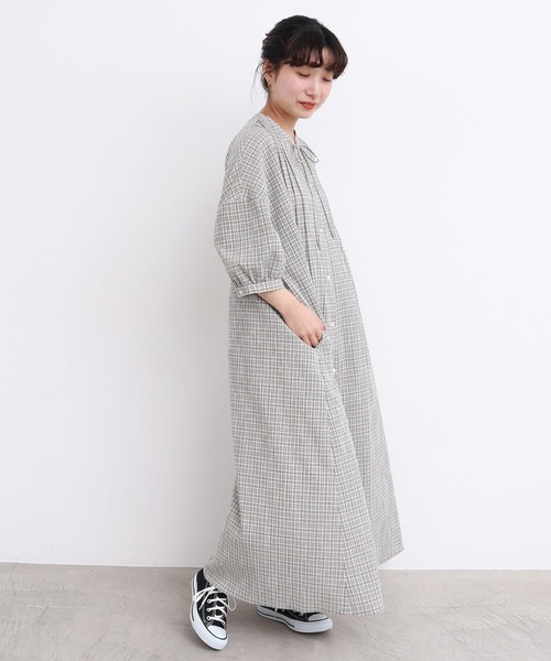 l'atelier du savon（アトリエドサボン）の「やさしいチェック　七分袖のリボンワンピース（ワンピース・レディース・ブラック/ベージュ・FREE）」の16枚目の写真