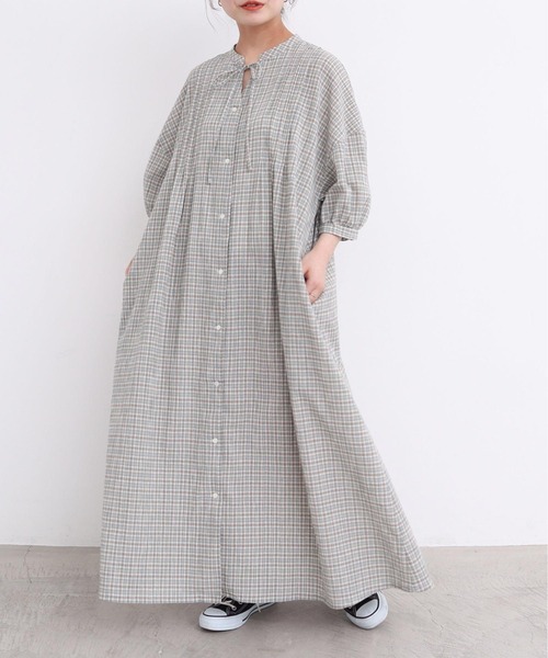 l'atelier du savon（アトリエドサボン）の「やさしいチェック　七分袖のリボンワンピース（ワンピース・レディース・ブラック/ベージュ・FREE）」の8枚目の写真