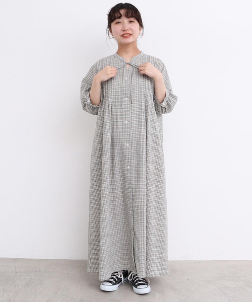 やさしいチェック 七分袖のリボンワンピース（ワンピース）｜l