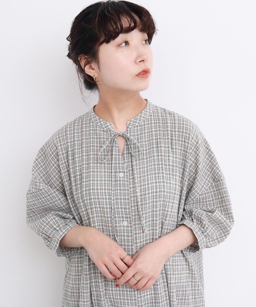 l'atelier du savon（アトリエドサボン）の「やさしいチェック　七分袖のリボンワンピース（ワンピース・レディース・ブラック/ベージュ・FREE）」の3枚目の写真