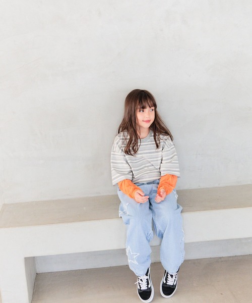 BAYFLOW（ベイフロー）の「[レイヤード風デザイン☆]ボーダーシアーT(KIDS)（Tシャツ/カットソー・キッズ・ブルー/ブラック/グレー・110cm/120cm/130cm/140cm/150cm）」の6枚目の写真