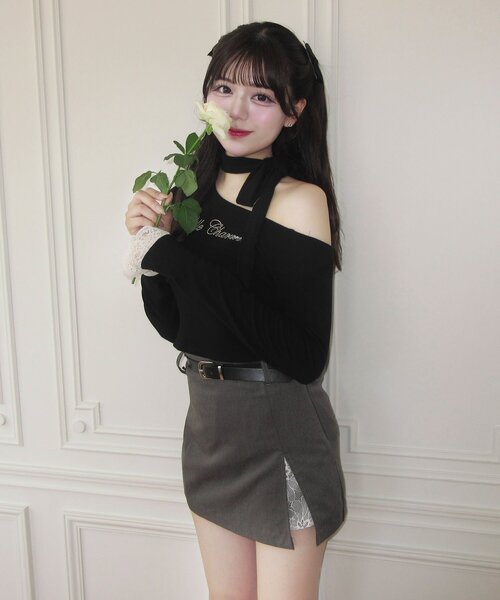 OLIVE des OLIVE(オリーブデオリーブ)の「【Belle Charme】ラインストーンロゴリボンT(Tシャツ/カットソー・レディース・ブラック/ベージュ/アイボリー・FREE)」の18枚目の写真