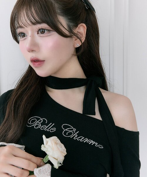 OLIVE des OLIVE(オリーブデオリーブ)の「【Belle Charme】ラインストーンロゴリボンT(Tシャツ/カットソー・レディース・ブラック/ベージュ/アイボリー・FREE)」の20枚目の写真