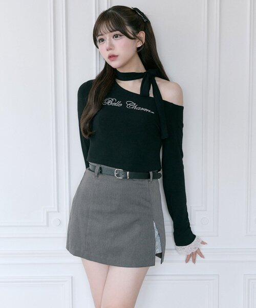 OLIVE des OLIVE(オリーブデオリーブ)の「【Belle Charme】ラインストーンロゴリボンT(Tシャツ/カットソー・レディース・ブラック/ベージュ/アイボリー・FREE)」の21枚目の写真