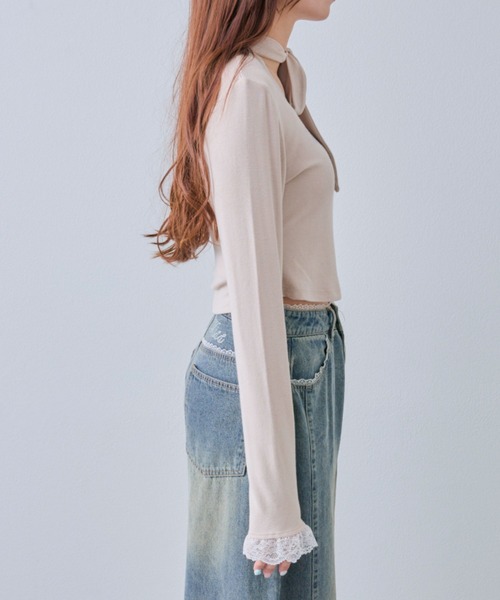OLIVE des OLIVE(オリーブデオリーブ)の「【Belle Charme】ラインストーンロゴリボンT(Tシャツ/カットソー・レディース・ブラック/ベージュ/アイボリー・FREE)」の5枚目の写真