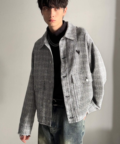 セール】裾フリンジ ツイード素材 ショート丈 シャツジャケット／Tweed