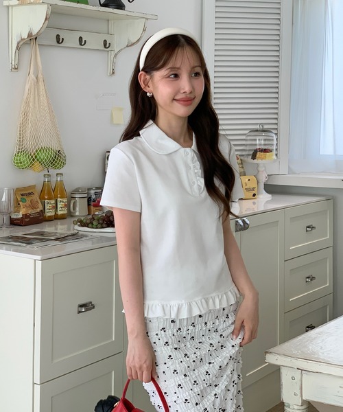 by muni:r(バイ ムニール)の「【着用動画あり・2色展開】フリルカラーコットン半袖Tシャツ(Tシャツ/カットソー・レディース・ホワイト/グレー・FREE)」の12枚目の写真