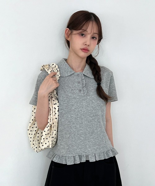 by muni:r(バイ ムニール)の「【着用動画あり・2色展開】フリルカラーコットン半袖Tシャツ(Tシャツ/カットソー・レディース・ホワイト/グレー・FREE)」の5枚目の写真