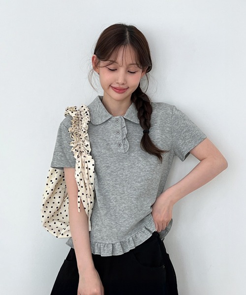 by muni:r(バイ ムニール)の「【着用動画あり・2色展開】フリルカラーコットン半袖Tシャツ(Tシャツ/カットソー・レディース・ホワイト/グレー・FREE)」の7枚目の写真