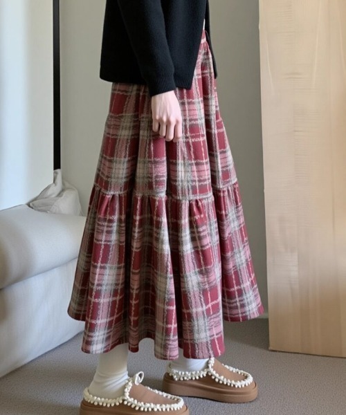 cammie(キャミー)の「チェック切替ティアードスカート(スカート・レディース・レッド/ネイビー・L/M)」の15枚目の写真