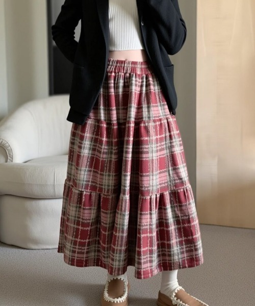 cammie(キャミー)の「チェック切替ティアードスカート(スカート・レディース・レッド/ネイビー・L/M)」の12枚目の写真