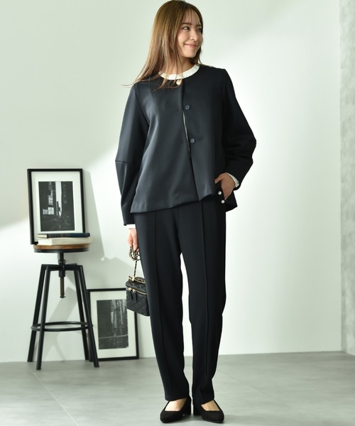 INTERPLANET（インタープラネット）の「綿タッチダンボールノーカラージャケット（ノーカラージャケット・レディース・グレイッシュベージュ/ネイビー・FREE）」の11枚目の写真