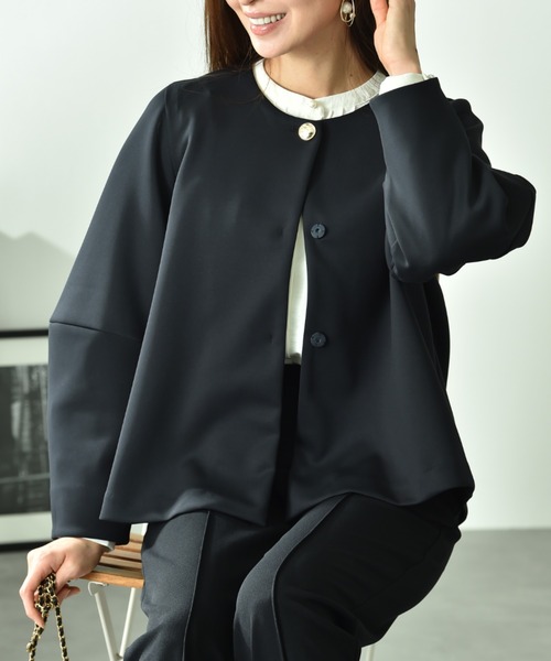 INTERPLANET（インタープラネット）の「綿タッチダンボールノーカラージャケット（ノーカラージャケット・レディース・グレイッシュベージュ/ネイビー・FREE）」の12枚目の写真