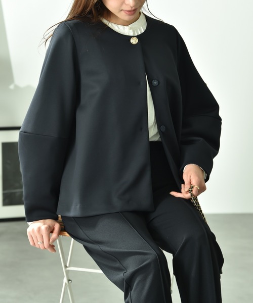 INTERPLANET（インタープラネット）の「綿タッチダンボールノーカラージャケット（ノーカラージャケット・レディース・グレイッシュベージュ/ネイビー・FREE）」の14枚目の写真