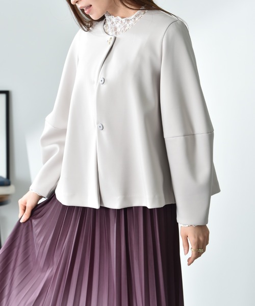 INTERPLANET（インタープラネット）の「綿タッチダンボールノーカラージャケット（ノーカラージャケット・レディース・グレイッシュベージュ/ネイビー・FREE）」の5枚目の写真