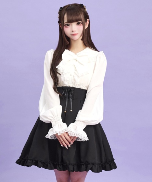 Secret Honey（シークレットハニー）の「ウエストシャーリングブラウス（シャツ/ブラウス・レディース・ブラック/オフホワイト・MEDIUM）」の4枚目の写真