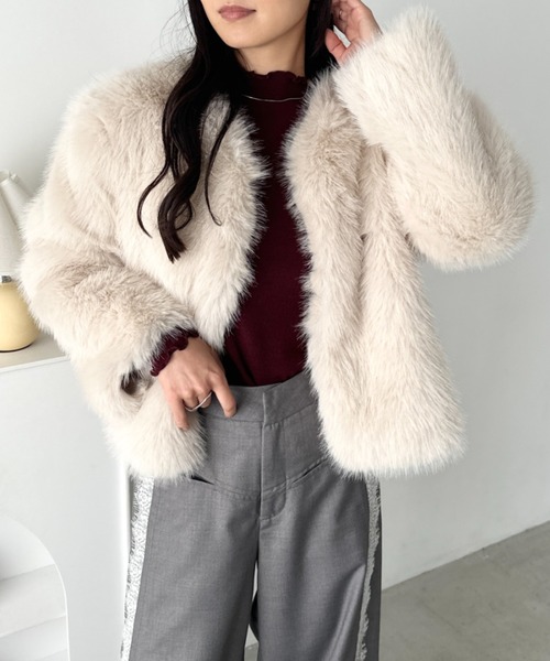 セール】ノーカラーショート丈フェイクファージャケット（ノーカラー