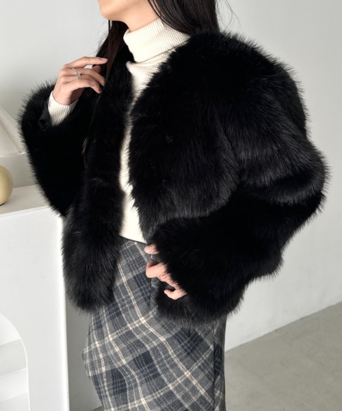 セール】ノーカラーショート丈フェイクファージャケット（ノーカラー