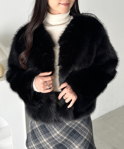 セール】ノーカラーショート丈フェイクファージャケット（ノーカラー