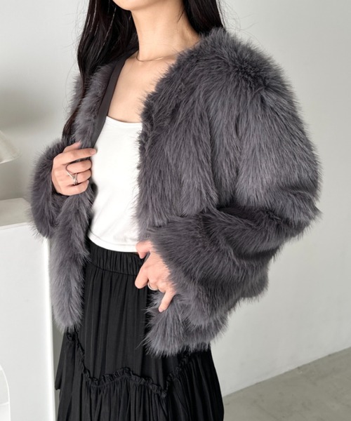 セール】ノーカラーショート丈フェイクファージャケット（ノーカラー