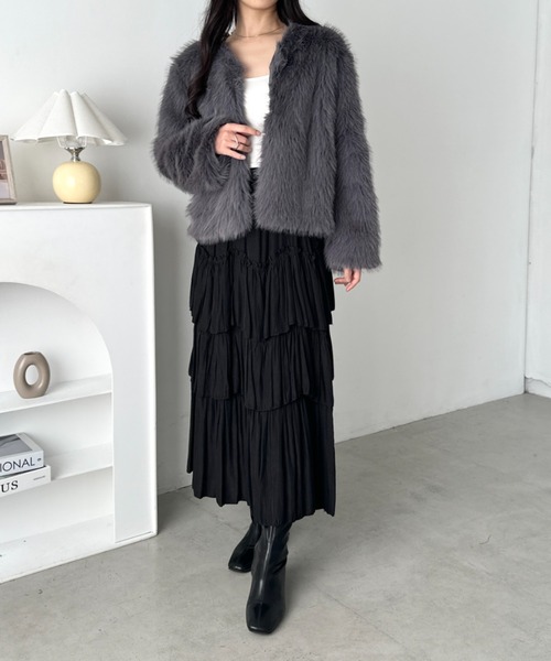 セール】ノーカラーショート丈フェイクファージャケット（ノーカラー