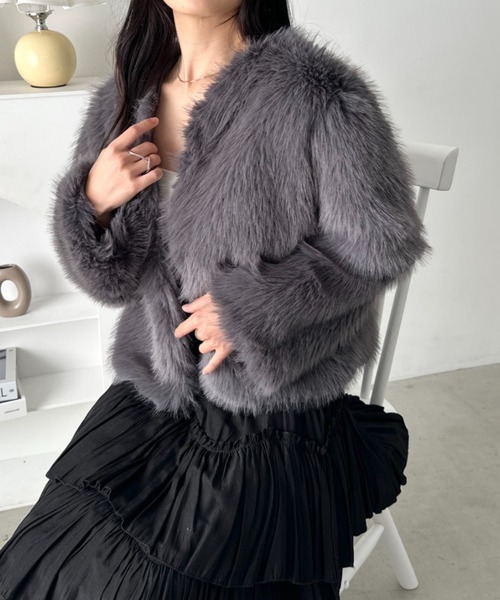 セール】ノーカラーショート丈フェイクファージャケット（ノーカラー