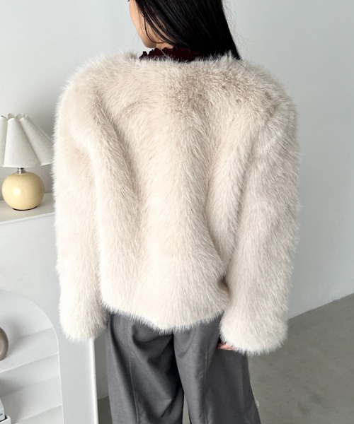 セール】ノーカラーショート丈フェイクファージャケット（ノーカラー